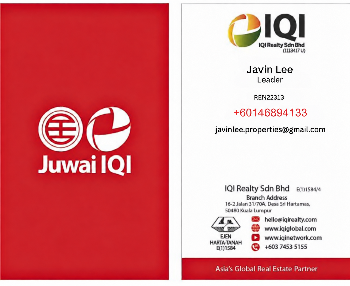 Professional IQI Realty contact card for Javin Lee, REN 22313